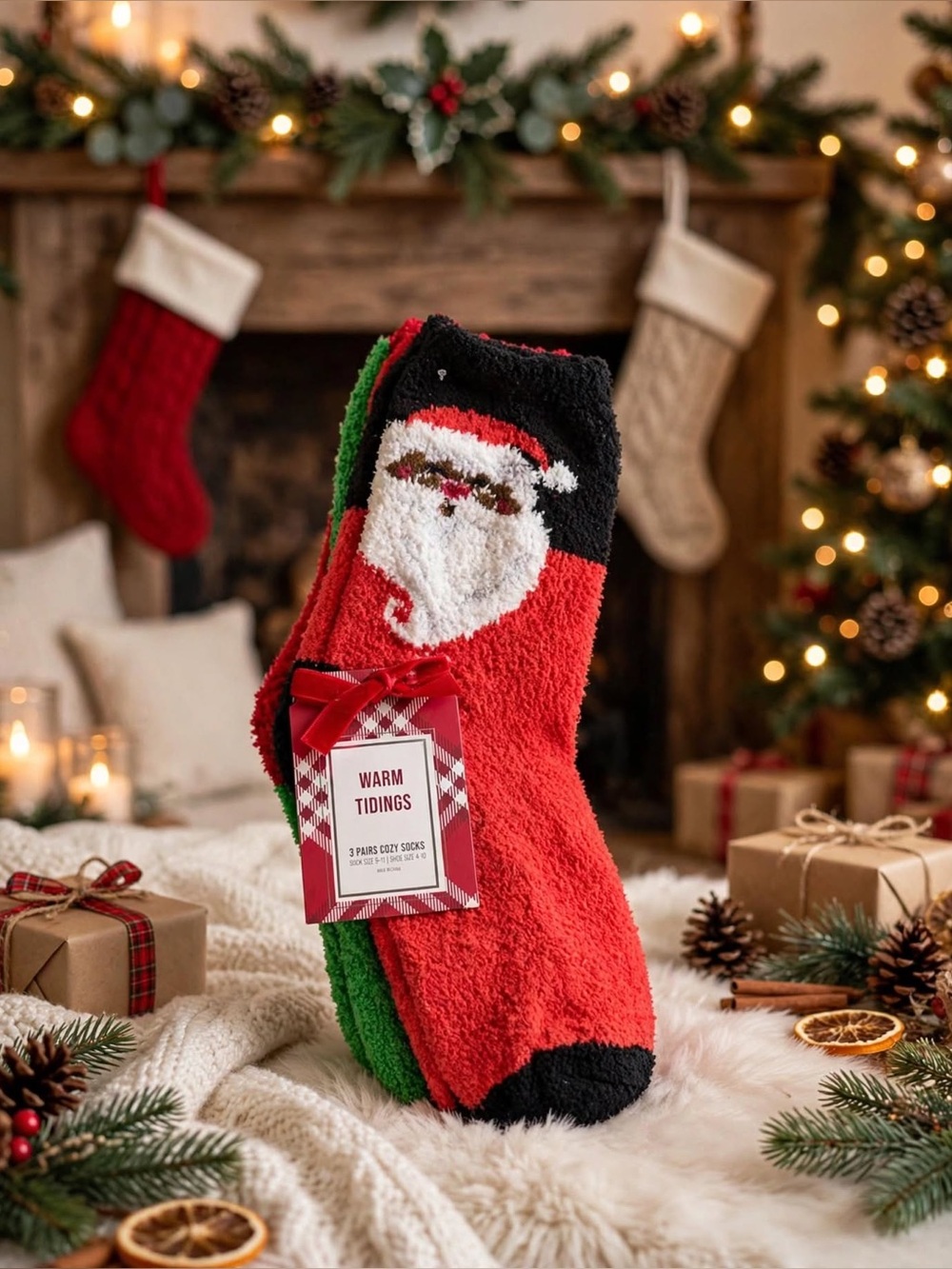 3 pairs of Cozy Red & Green Holiday Santa Fuzzy Socks - Warm Tidings